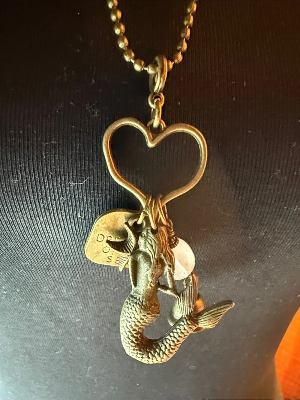Vintage-Inspired Bronze Mermaid & rose quartz Charm 26” Necklace - Bronze